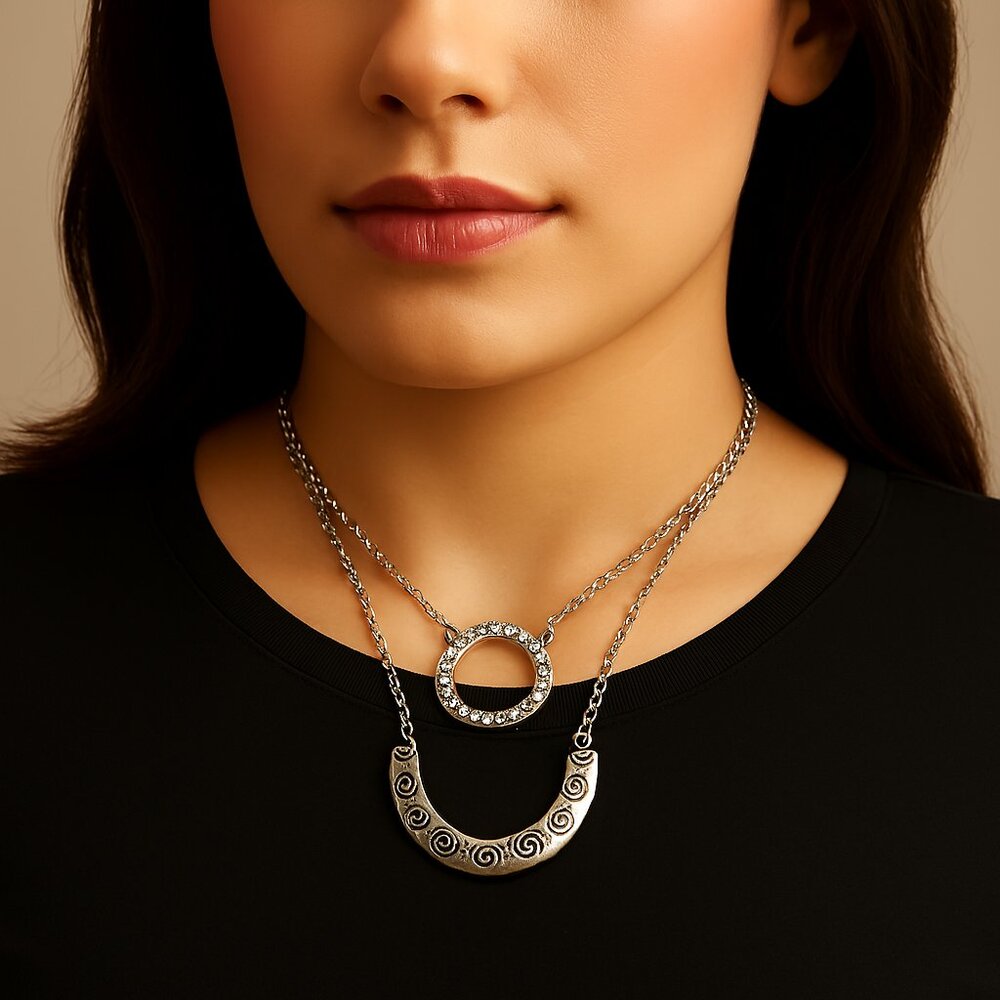 Silver Layered Necklace w/ Hoop & Spiral Curve Pendant – Women’s Fashion Jewelry